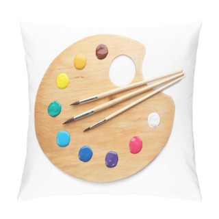 Personality  Palette With Paints And Brushes On White Background, Top View Pillow Covers