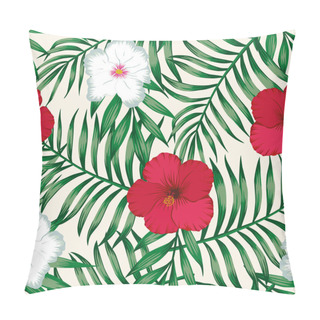 Personality  Tropical Flowers Red And White Hibiscus On The Green Palm Banana Leaves Seamless Vector Pattern. Exotic Botanical Background Pillow Covers