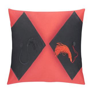 Personality  Top View Of Black Academic Caps With Tassels On Red Surface Pillow Covers