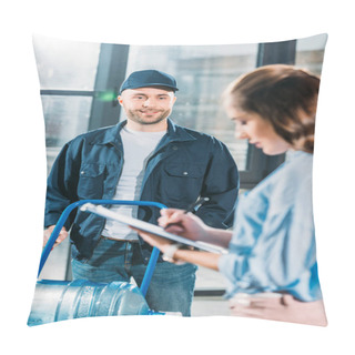Personality  Woman Signing Cargo Declaration While Water Delivery Courier Waiting Pillow Covers