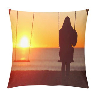 Personality  Back View Portrait Of A Single Woman Silhouette Sitting On A Swing Contemplating Sunset Pillow Covers