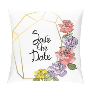 Personality  Vector. Rose Flowers And Golden Crystal Frame. Yellow, Purple And Pink Roses Engraved Ink Art. Geometric Crystal Polyhedron Shape On White Background. Save The Date Handwriting Monogram Calligraphy. Pillow Covers