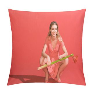 Personality  Smiling Elegant Woman In Dress Holding Flower On Living Coral. Pantone Color Of The Year 2019 Concept Pillow Covers
