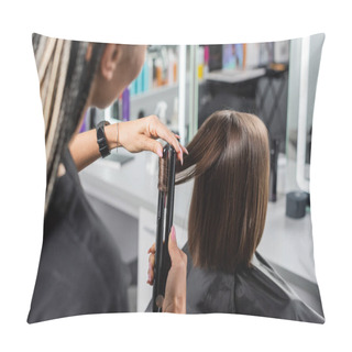 Personality  Hair Ironing, Professional Hairdresser With Hair Straightener Styling Hair Of Female Customer, Client Satisfaction, Brunette Woman With Short Hair, Beauty Salon, Hair Fashion, Beauty Worker, Blurred Pillow Covers
