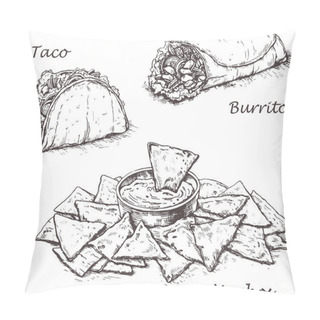Personality   Mexican Traditional Food. Hand Drawn Sketch Vector Illustration. Vintage Mexico Cuisine Set.Taco,nachos,burrito. Pillow Covers