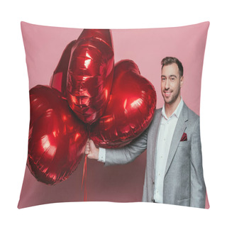 Personality  Happy Man Holding Red Heart Balloons For Valentines Day On Pink Pillow Covers