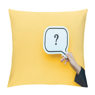 Personality  Cropped View Of Woman Holding Speech Bubble With Black Question Mark On Orange  Pillow Covers