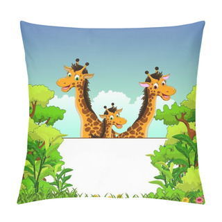 Personality  Family Of Giraffe Cartoon With Blank Sign And Forest Background Pillow Covers