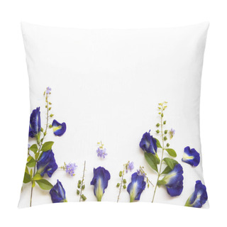 Personality  Blue Flowers Butterfly Pea Local Flora Of Asia Arrangement Flat Lay Postcard Style On Background White Wooden Pillow Covers