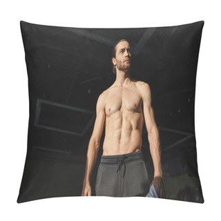 Personality  A Muscular Man In A Dark Space, Shirtless And Standing Confidently. Pillow Covers