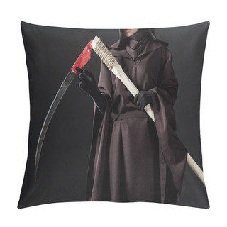 Personality  Cropped View Of Woman In Death Costume Holding Scythe On Black Pillow Covers