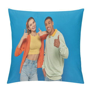Personality  Happy Multicultural Couple Looking At Camera And Showing Thumbs Up On Blue Backdrop, Like Gesture Pillow Covers