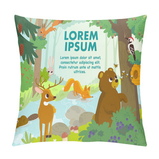 Personality  Cartoon Vector Animals That Live In The Forest. Forest Fauna. Forest Inhabitants. Bear Stealing Honey. Woodpecker Hollows The Hollow. Pillow Covers