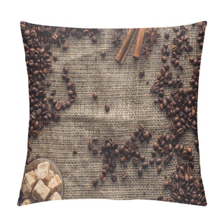 Personality  Top View Of Roasted Coffee Beans With Cinnamon Sticks, Star Anise And Brown Sugar In Glass Bowl On Sackcloth   Pillow Covers