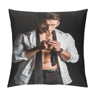 Personality  Handsome Man In Glasses Holding Lighter Near Cigar And Smoking Isolated On Black  Pillow Covers