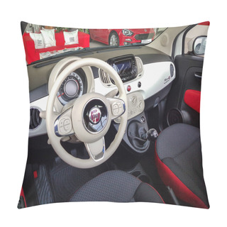 Personality  Gdansk, Poland - July 18, 2018: Interior Of Fiat 500 C Car In The Fiat Showroom Of Gdansk, Poland. Fiat 500 Is Small European Car Manufactured In Italy. Pillow Covers