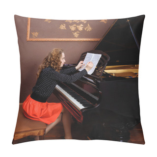 Personality  Young Woman Musician Writes In Music Book Pencil. Pillow Covers