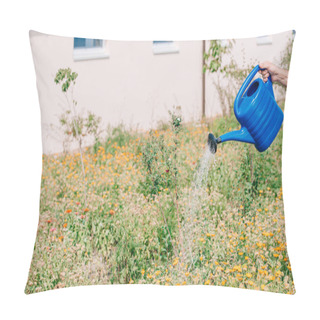 Personality  Cropped Shot Of Person Watering Flowers In Garden Pillow Covers