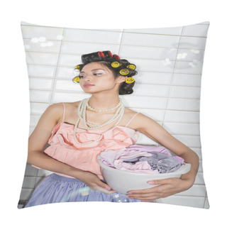 Personality  Asian Young Woman With Hair Curlers Standing In Pink Ruffled Top, Pearl Necklace, Tulle Skirt And Holding Washing Bowl With Dirty Clothes In Laundry Room, Soap Bubbles, Looking Away  Pillow Covers