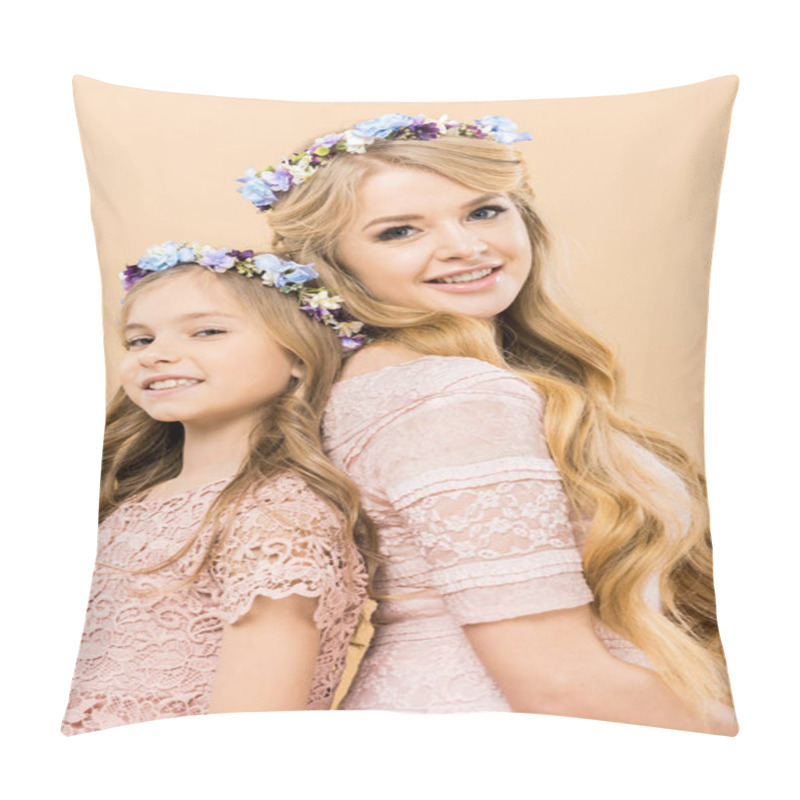 Personality  Attractive Mother And Adorable Child In Colorful Floral Wreaths Standing Back To Back And Looking At Camera On Yellow Background Pillow Covers