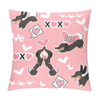 Personality  Funny Dachshunds And Hearts Seamless Pattern For Valentine's Day On A Pink Background. Vector Stickers Illustration Pillow Covers