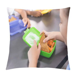 Personality  Selective Focus Of Schoolgirl Taking Sandwich From Lunch Box With Fresh Carrots Near Classmates Pillow Covers