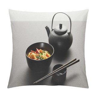 Personality  Noodles With Shrimps And Vegetables In Bowl Near Lemon, Teapot, Wooden Chopsticks And Soy Sauce On Black Background Isolated On Grey Pillow Covers