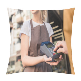 Personality  Cropped Image Of Customer Paying With Credit Card At Flower Shop And Entering Pin Code Pillow Covers