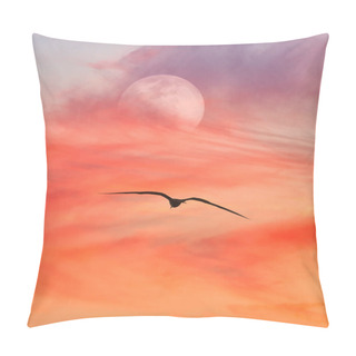 Personality  A Full Moon Is Rising In A Colorful Sunset Sky As A Bird Flying In A Vertical Image Format Pillow Covers