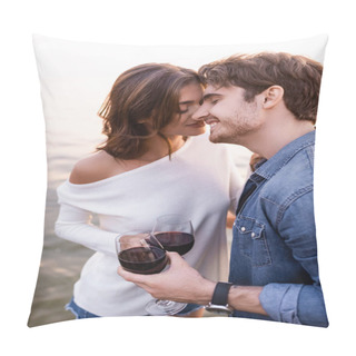 Personality  Young Man With Glass Of Wine Standing Near Girlfriend And Sea At Sunset  Pillow Covers