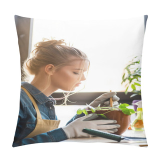 Personality  Side View Of Girl In Gloves Transplanting Plant In Flowerpot  Pillow Covers