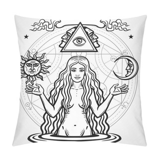 Personality  Set Of Alchemical Symbols: Young Beautiful Woman Holds  Sun And  Moon In Hand. Eve's Image, Fertility, Temptation. Esoteric, Mystic, Occultism. Vector Illustration Isolated On A  Grey Background. Pillow Covers