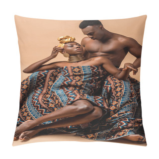 Personality  Sexy Naked Tribal Afro Woman Covered In Blanket Posing Near Man On Beige Pillow Covers