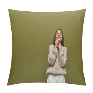 Personality  Dreamy And Smiling Preteen Girl With Dyed Hair In Stylish Knitted Sweater Looking Away While Standing And Posing Isolated On Green, Contemporary Fashion For Preteen Concept Pillow Covers