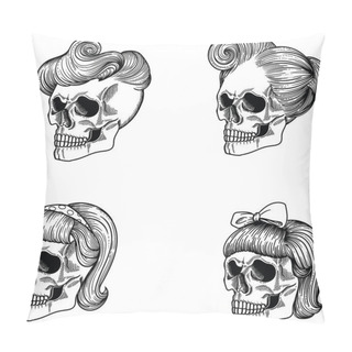 Personality  Female Skull Girl, Female Skull Lady, Female Skull Maiden, Female Skull Lass, Female Skull Adolescent, Female Skull Woman, Female Skull Wife, Female Skull Old Woman ,Female Skull  Dame. Separate On A White Background, Hand Drawn In Vector. Line Style Pillow Covers