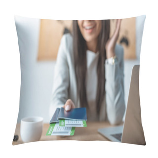 Personality  Cropped View Of Travel Agent Holding Passports And Air Tickets Pillow Covers