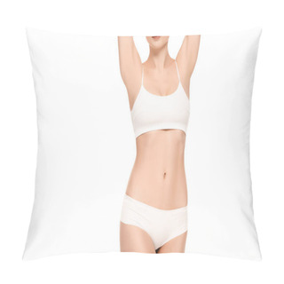Personality  Cropped View Of Woman With Perfect Body In Panties Standing Isolated On White Pillow Covers