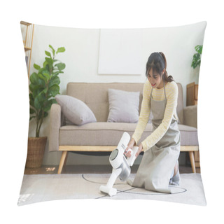 Personality  Maid Using Handheld Cordless Vacuum Cleaner To Vacuuming And Cleaning The Dust On Carpet In Home. Pillow Covers