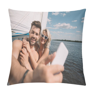 Personality  Smiling Young Couple Taking Selfie On Smartphone On Yacht  Pillow Covers