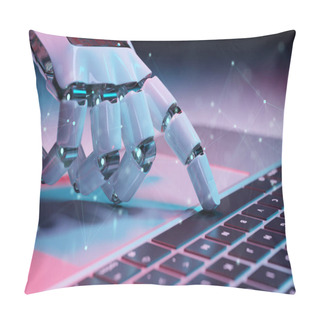 Personality  Robotic Cyborg Hand Pressing A Keyboard On A Laptop 3D Rendering Pillow Covers