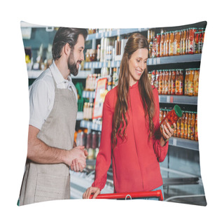Personality  Portrait Of Shop Assistant In Apron And Female Shopper In Hypermarket Pillow Covers