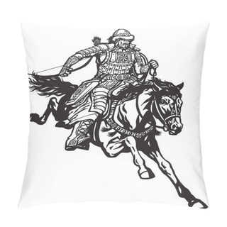 Personality  Mongolian Archer Warrior On A Horseback Riding A Pony Horse In The Gallop And Holding A Bow .Medieval Time Of Genghis Khan . Black And White Vector Illustration Pillow Covers