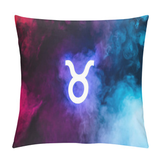 Personality  Blue Illuminated Taurus Zodiac Sign With Colorful Smoke On Background Pillow Covers