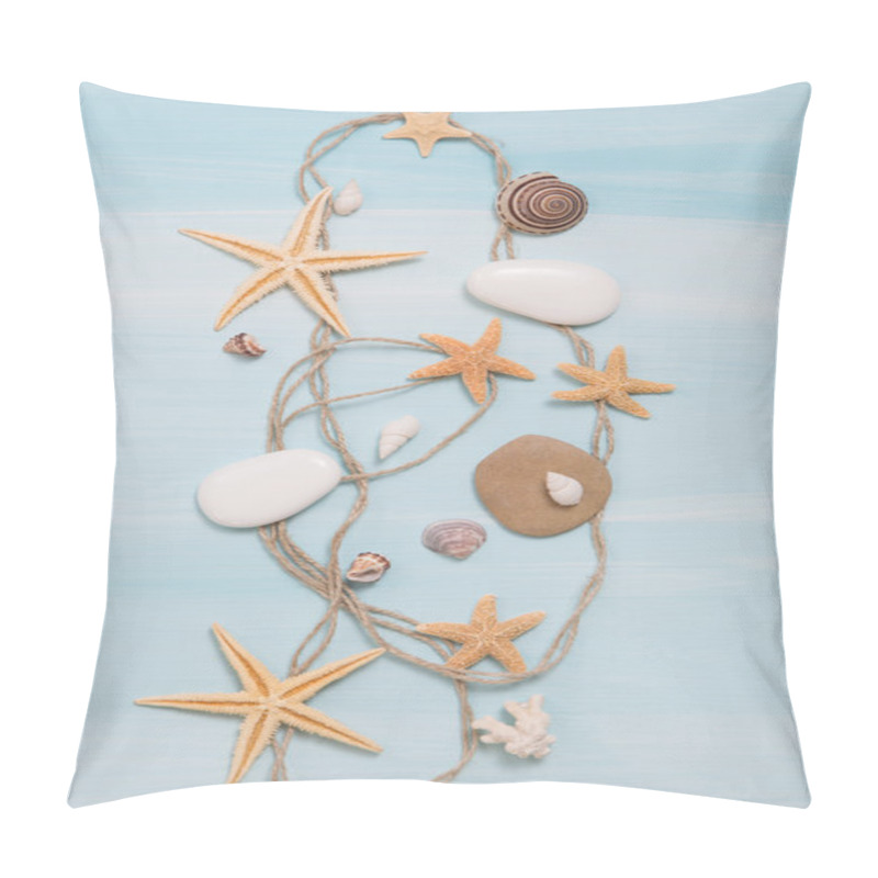 Personality  Arrangement of different shells on blue or turquoise wooden back pillow covers