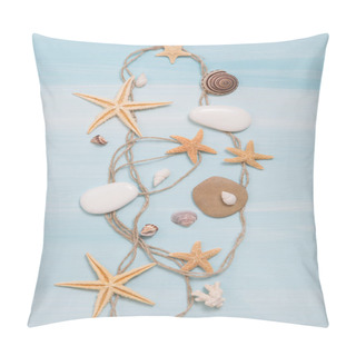 Personality  Arrangement Of Different Shells On Blue Or Turquoise Wooden Back Pillow Covers