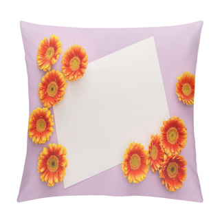 Personality  Top View Of Orange Gerbera Flowers And White Blank Paper On Violet Background Pillow Covers