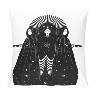 Personality  Mystical Triple Goddess, Priestesses  In Magical Cloak. Beautiful Fairy Women With Celestial Long Dress. Gothic Witch Wiccan Female Sacred Design. Vector Isolated On White Background Art Deco Style Pillow Covers