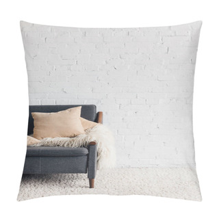 Personality  Cropped Shot Of Couch With Pillows And Blanket In Living Room With White Brick Wall, Mockup Concept Pillow Covers