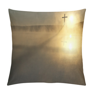 Personality  Single Cross Long Shadow Sunrise On Foggy Lake Easter Morning Pillow Covers