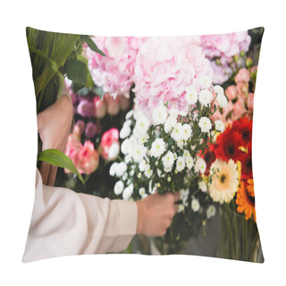 Personality  Cropped View Of Florist Taking Branch Of Chrysanthemums, While Gather Bouquet Near Range Of Flowers On Blurred Background Pillow Covers
